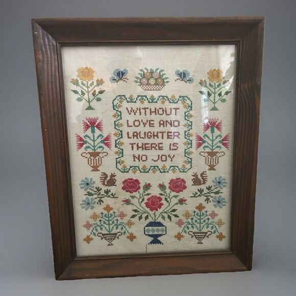 Counted Cross Stitch Vintage Hand Sewn Wooden Frame “NO JOY”  14x17 - Picture 1 of 5